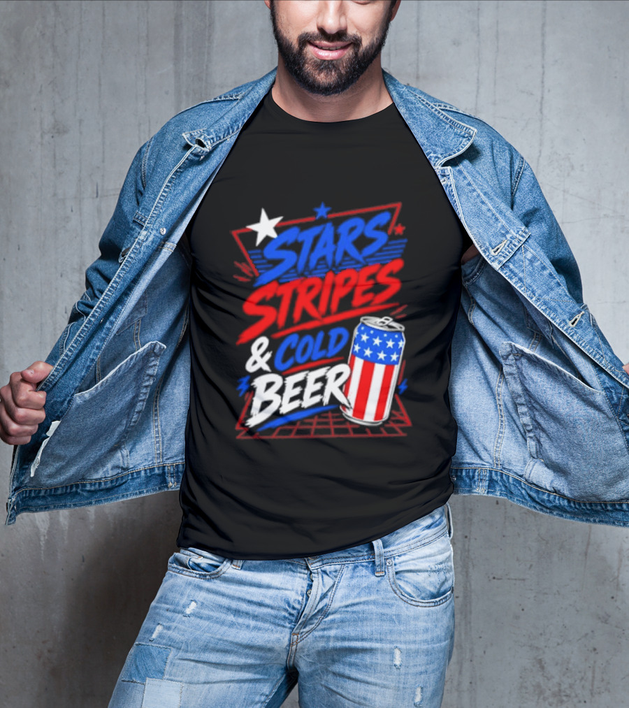 Stars Stripes And Cold Beer American Flag Can Patriotic Celebration T-Shirt