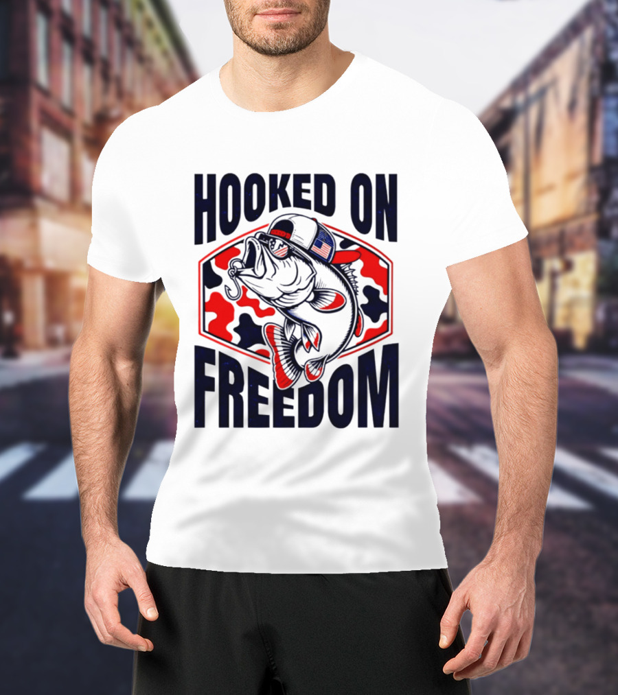 Hooked On Freedom Patriotic Fish Camo Hat T-Shirt