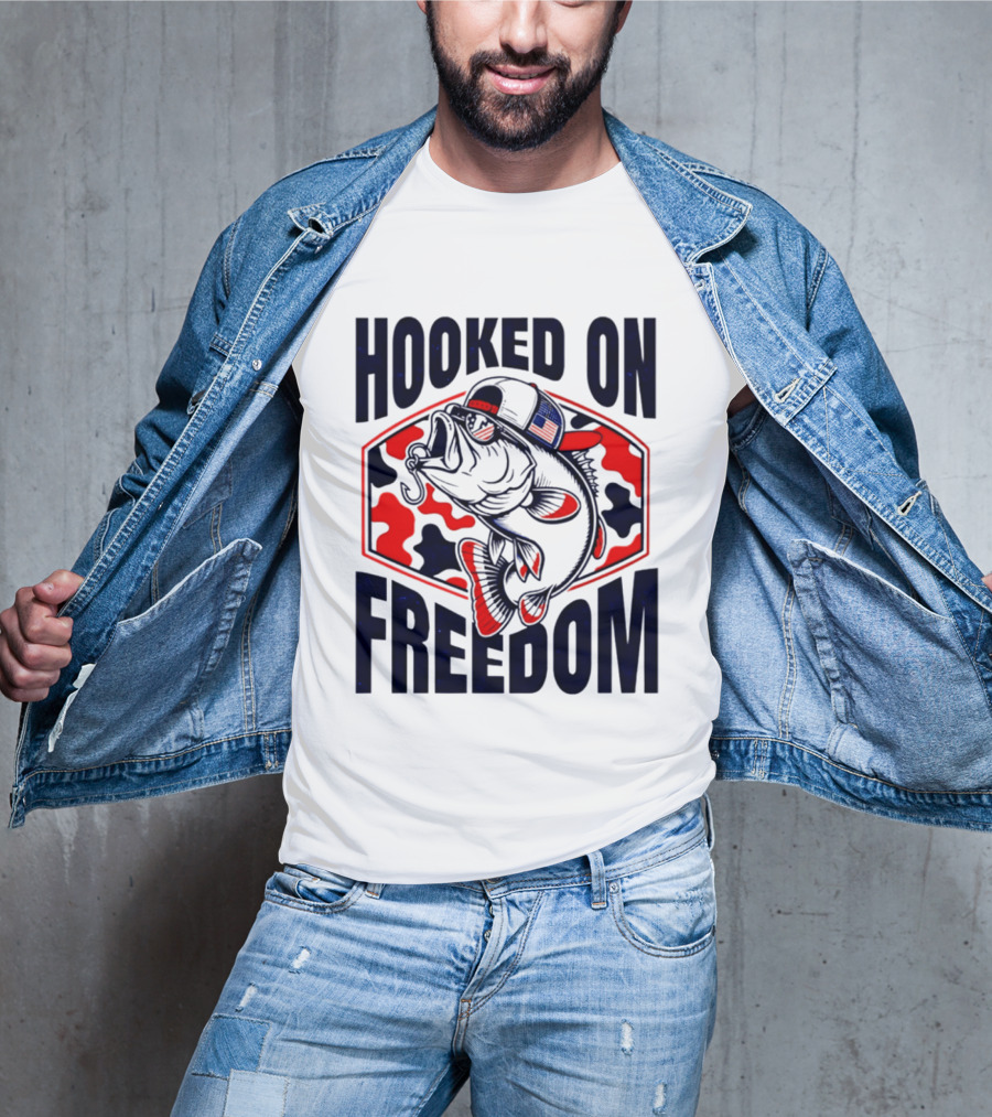 Hooked On Freedom Patriotic Fish Camo Hat T-Shirt
