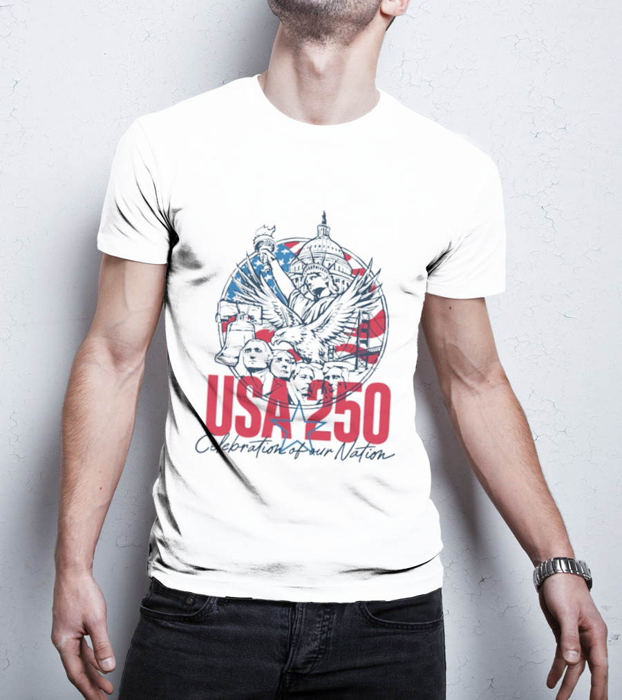 USA 250 Celebration Of Our Nation Symbols Liberty Capitol Eagle Mount Rushmore T-Shirt