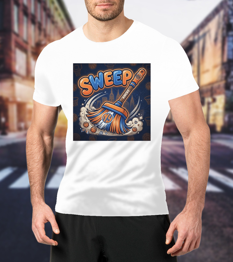 New York Knicks Sweep East Champs Basketball Skyline Broom T-Shirt