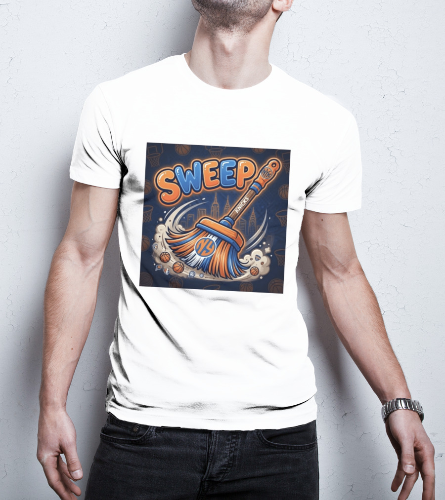 New York Knicks Sweep East Champs Basketball Skyline Broom T-Shirt