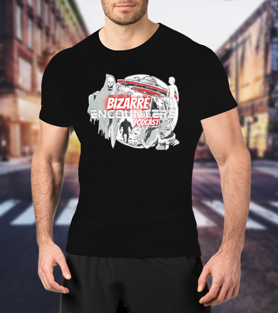 Bizarre Encounters Podcast UFO Aliens Skeletons Paranormal Illustrations T-Shirt