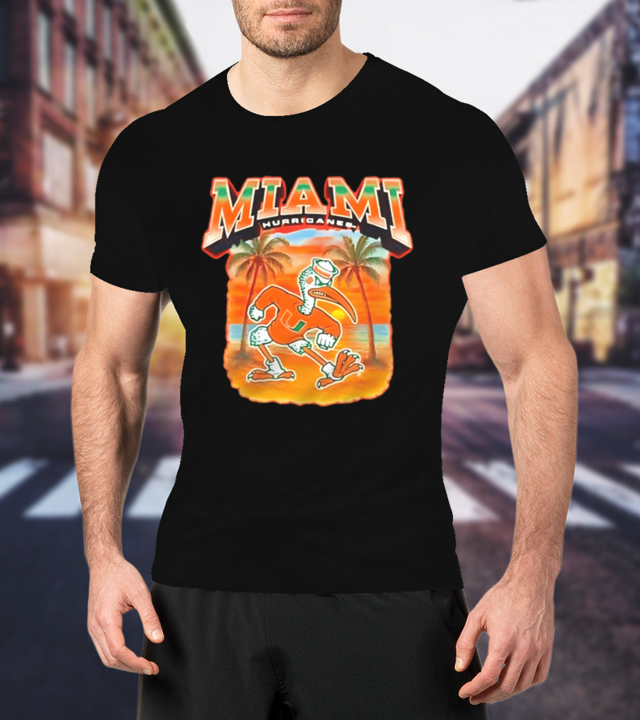Miami Hurricanes Sebastian With Palm Trees And Sunset Beach Scene T-Shirt