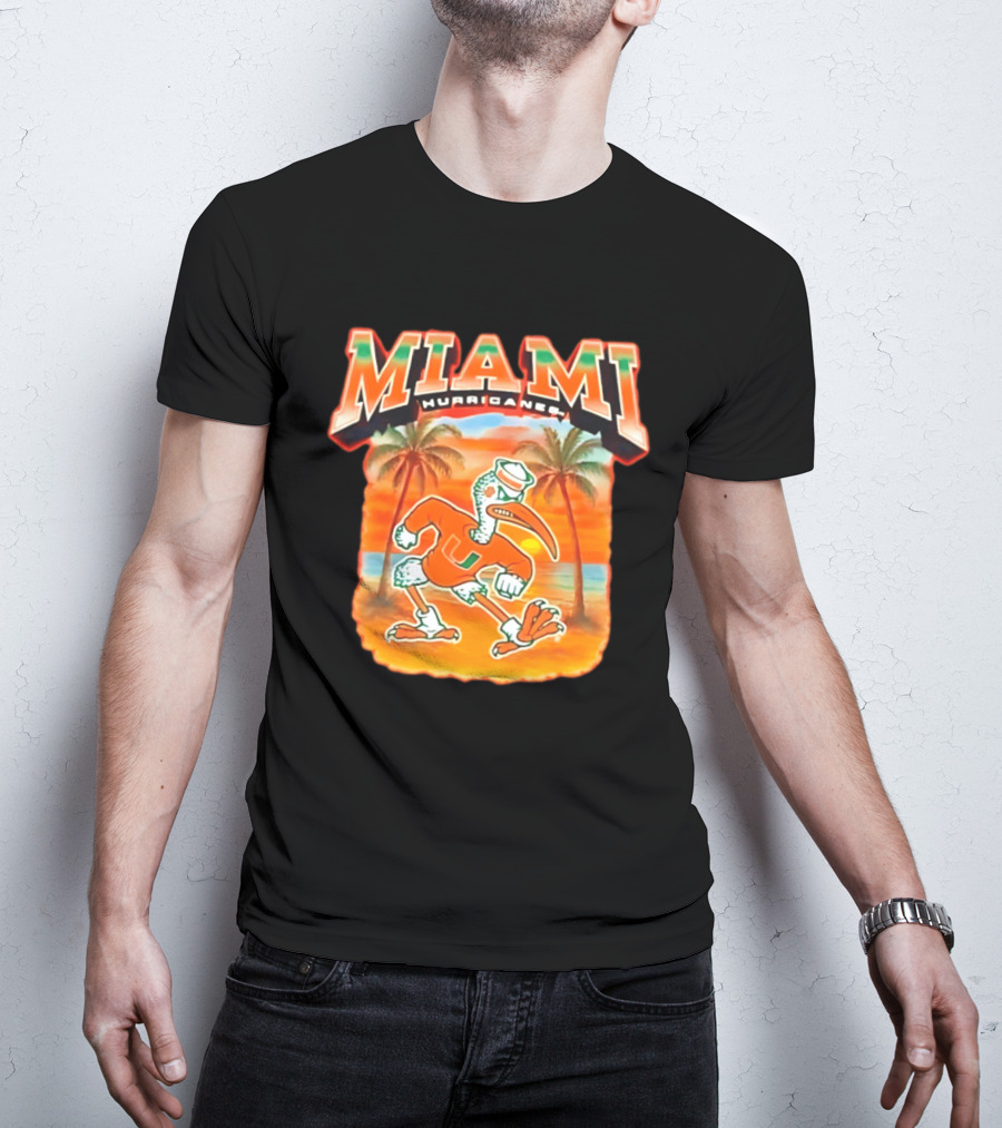 Miami Hurricanes Sebastian With Palm Trees And Sunset Beach Scene T-Shirt