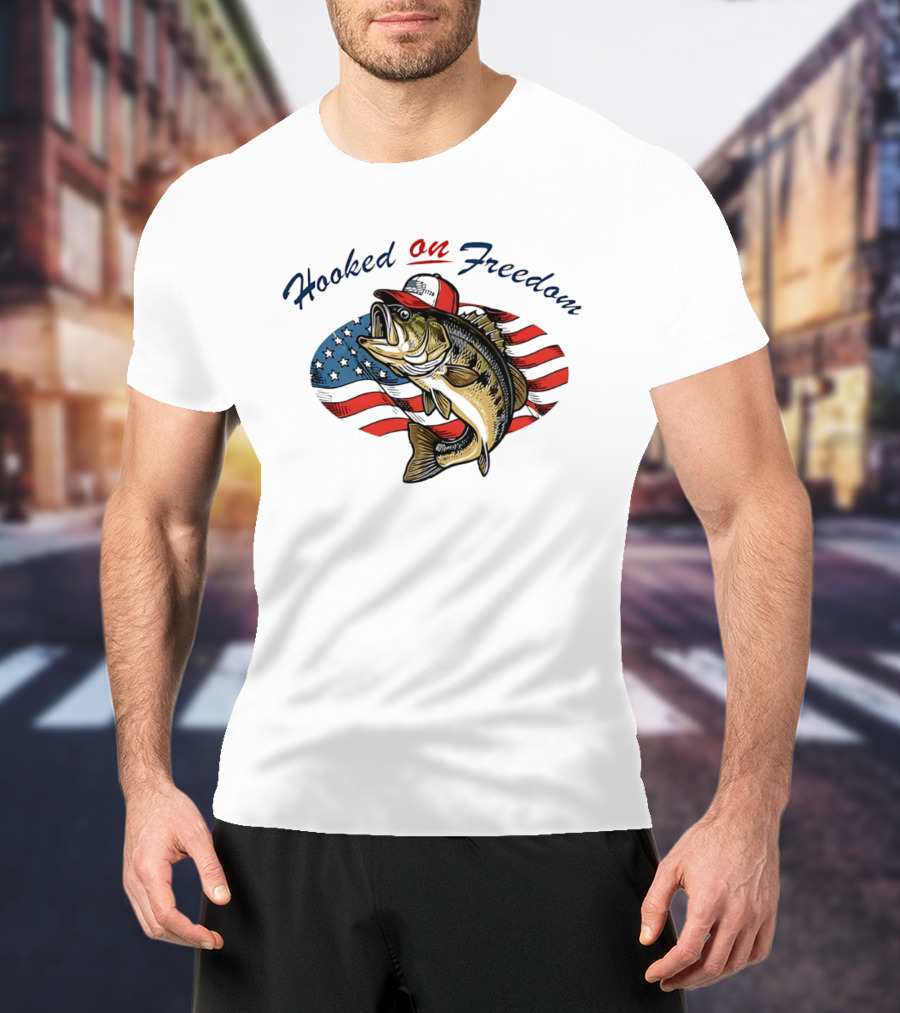Hooked On Freedom Fish American Flag T-Shirt