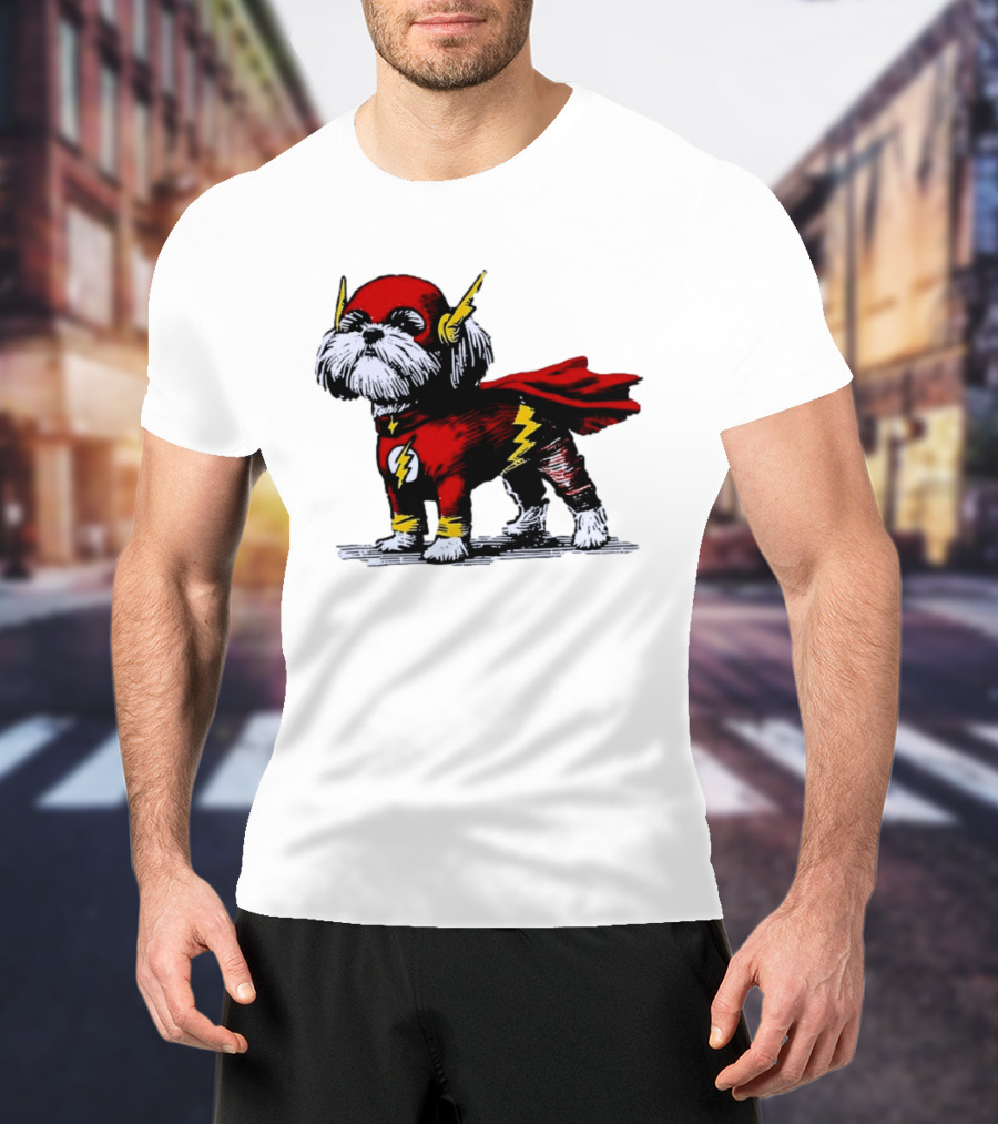 Shih Tzu Dog In The Flash Superhero Costume With Lightning Bolt T-Shirt