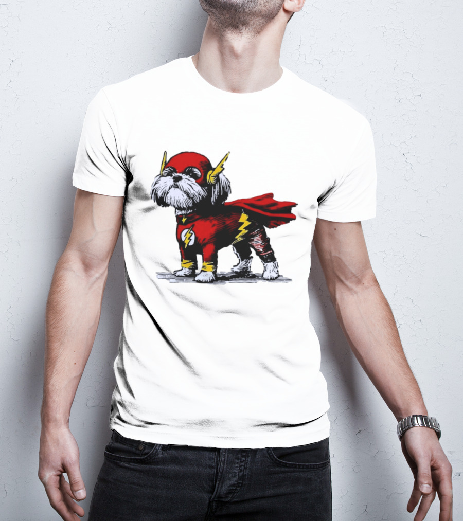 Shih Tzu Dog In The Flash Superhero Costume With Lightning Bolt T-Shirt