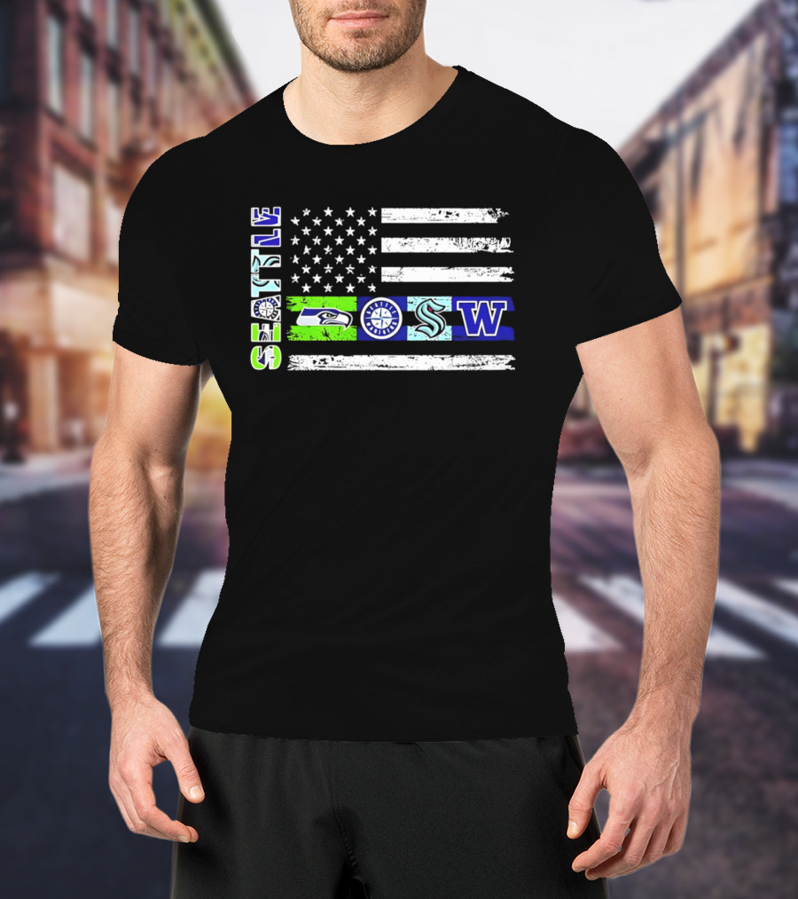 Seattle Seahawks Mariners Kraken Washington Flag T-Shirt