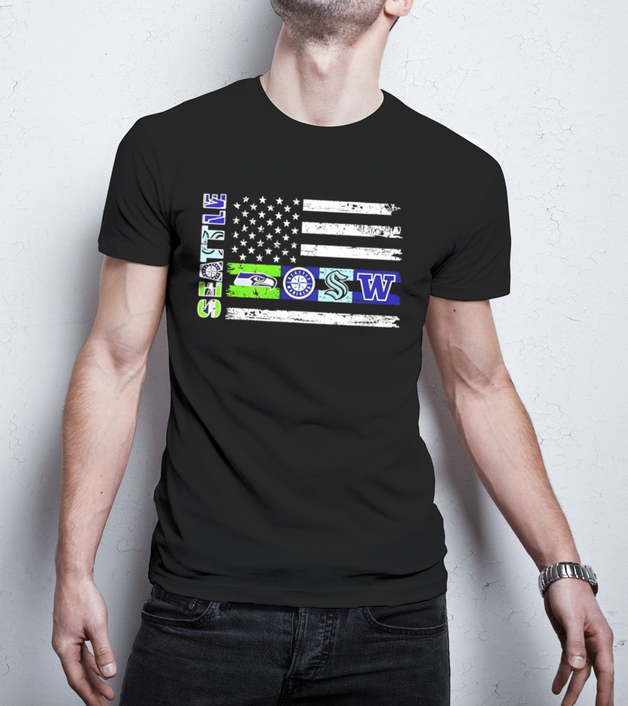 Seattle Seahawks Mariners Kraken Washington Flag T-Shirt