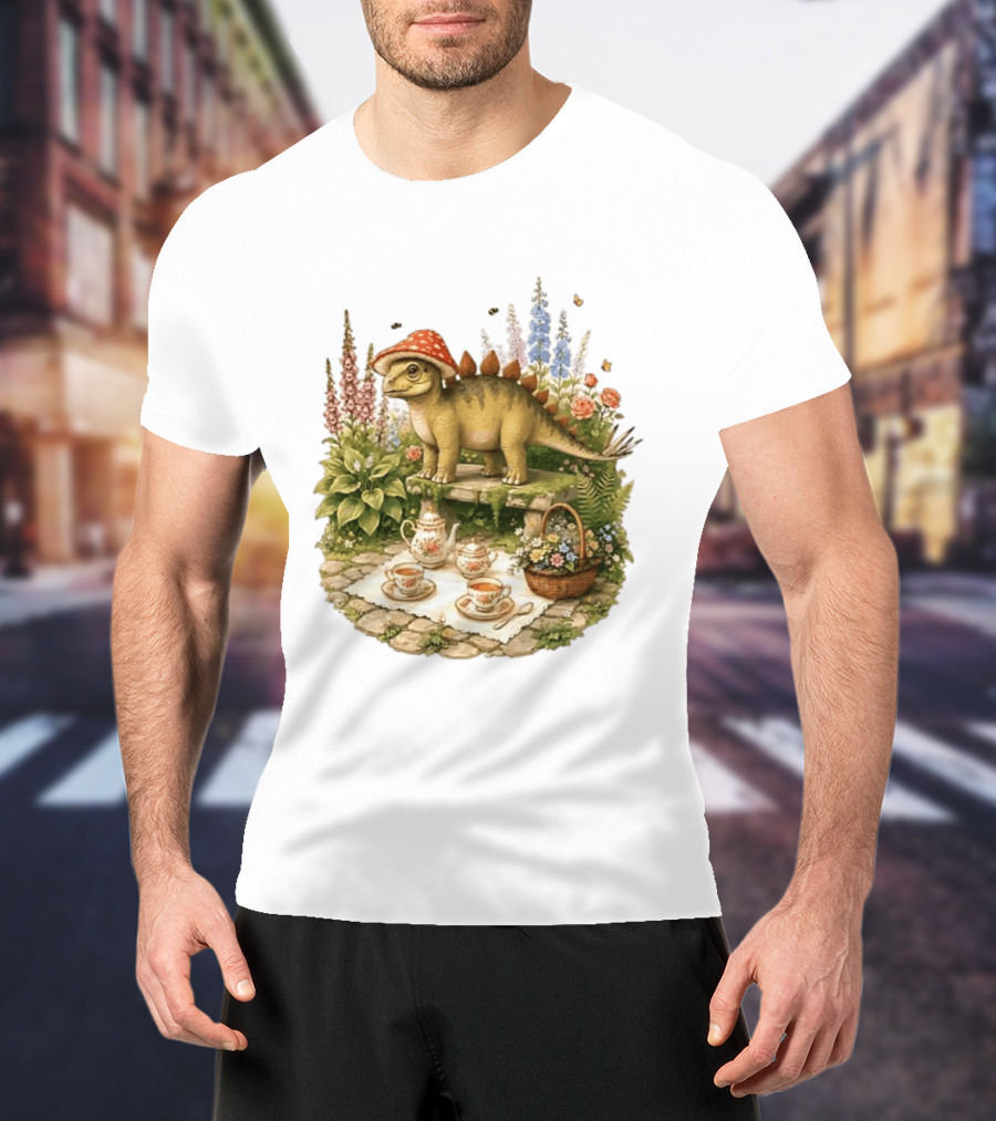 Baby Stegosaurus Wearing Red Mushroom Hat With Vintage Tea Party Garden Scene T-Shirt
