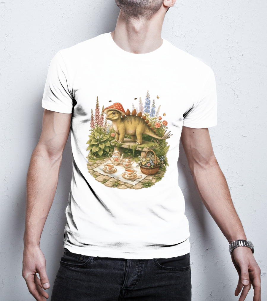 Baby Stegosaurus Wearing Red Mushroom Hat With Vintage Tea Party Garden Scene T-Shirt