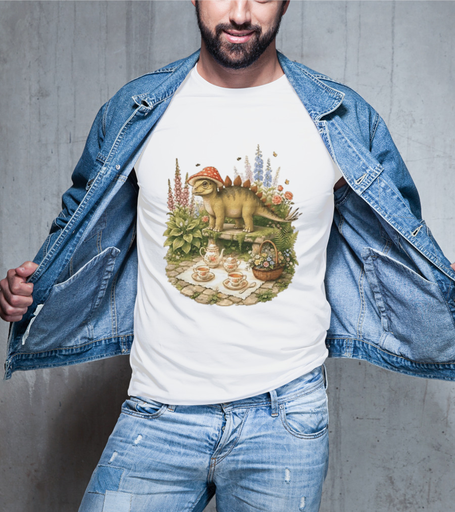 Baby Stegosaurus Wearing Red Mushroom Hat With Vintage Tea Party Garden Scene T-Shirt