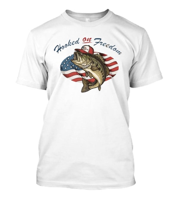 Hooked On Freedom American Flag 1776 250th Anniversary Bass Fish USA Hat Stars And Stripes T-Shirt