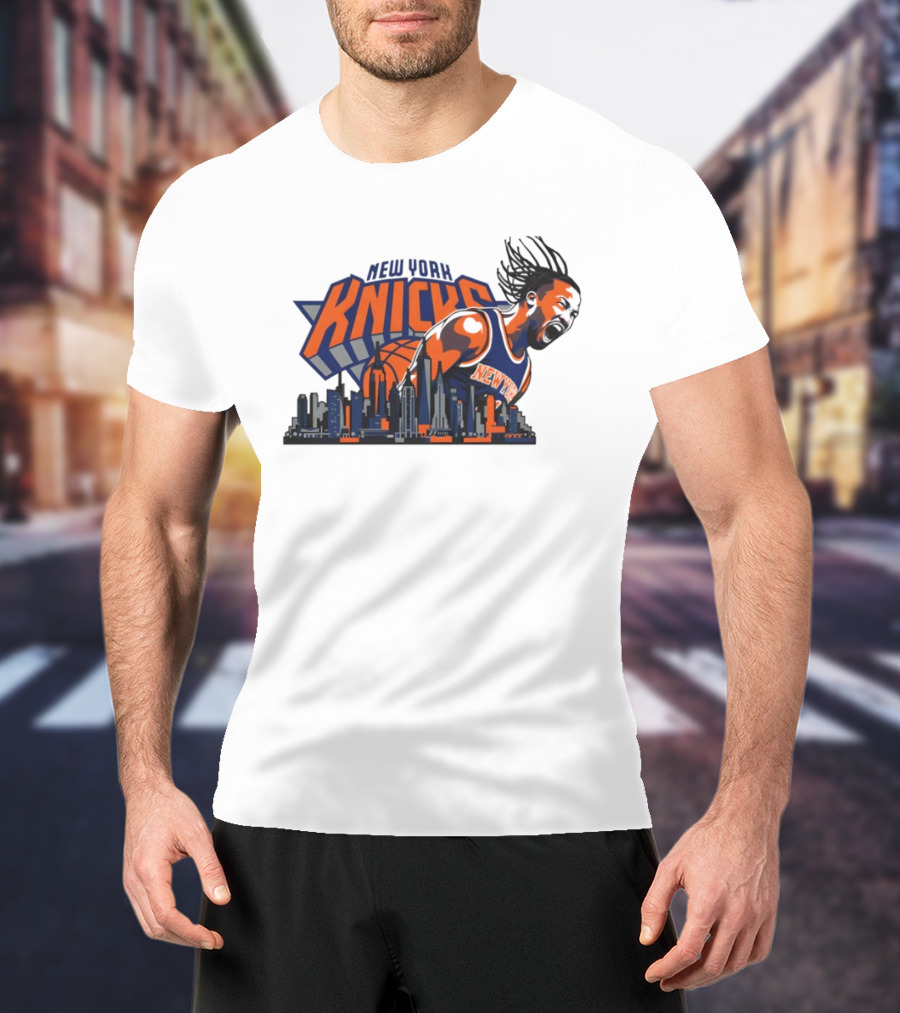 New York Knicks Jalen Brunson Skyline Celebration T-Shirt