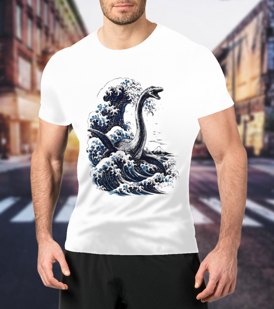 Great Wave Off Kanagawa Loch Ness Monster Mount Fuji Fusion T-Shirt