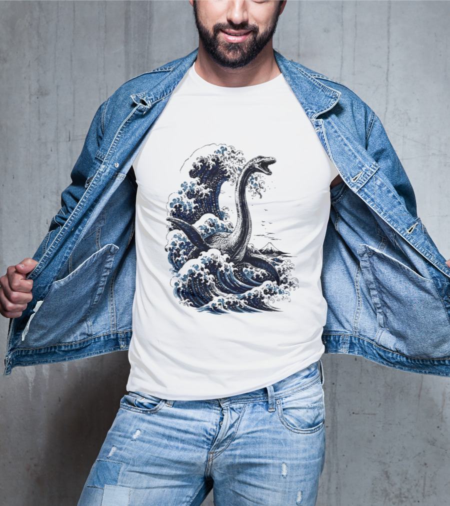 Great Wave Off Kanagawa Loch Ness Monster Mount Fuji Fusion T-Shirt
