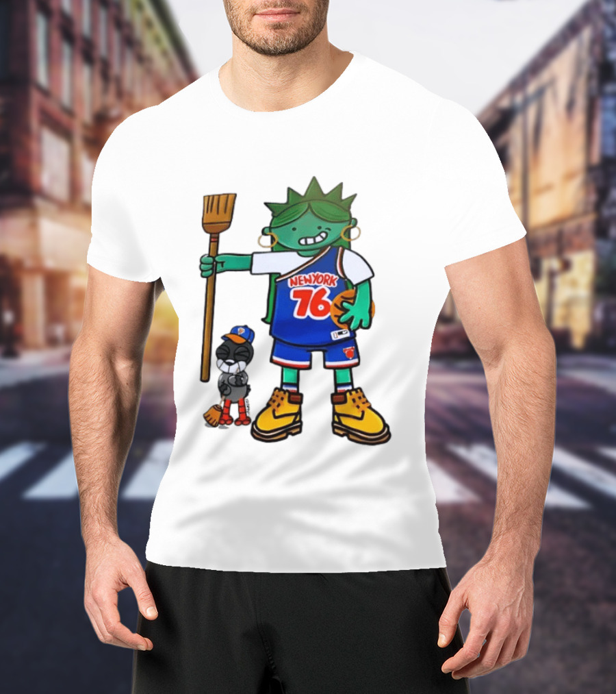 New York 76 Knicks Statue Liberty Broom Basketball 2024 T-Shirt