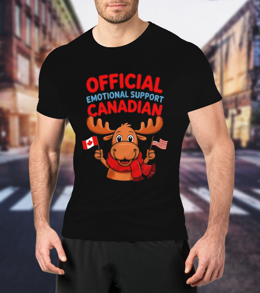 Official Emotional Support Canadian Moose With Canadian And American Flags T-Shirt