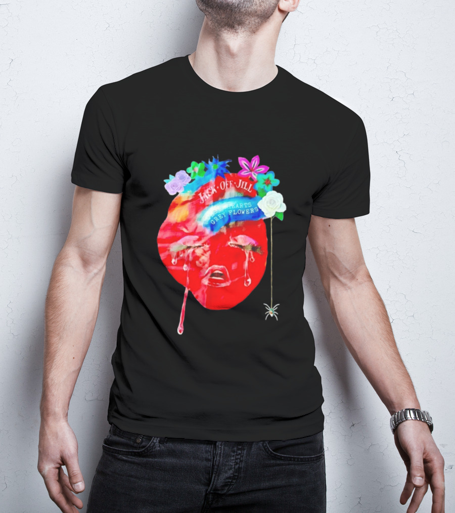 Jack Off Jill Clear Hearts Grey Flowers Crying Face With Colorful Floral Accents T-Shirt