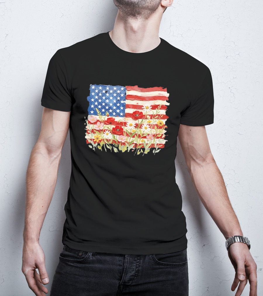 Floral American Flag With Impasto Texture And Flowers T-Shirt