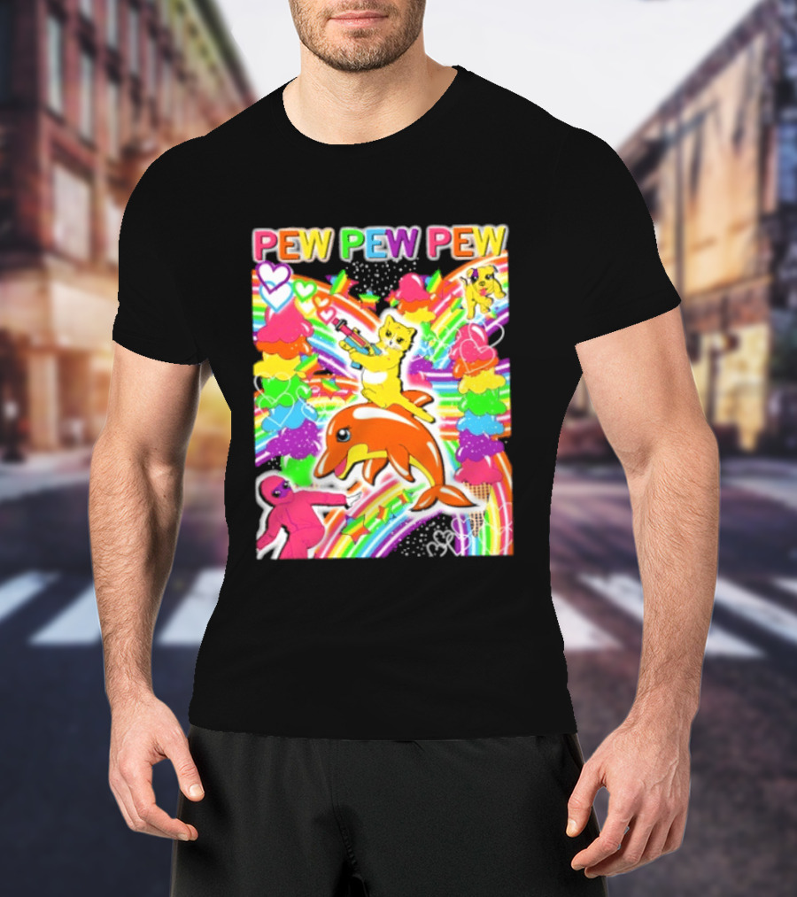 Pew Pew Pew Rainbow Pride Fun With Colorful Dolphins And Hearts T-Shirt
