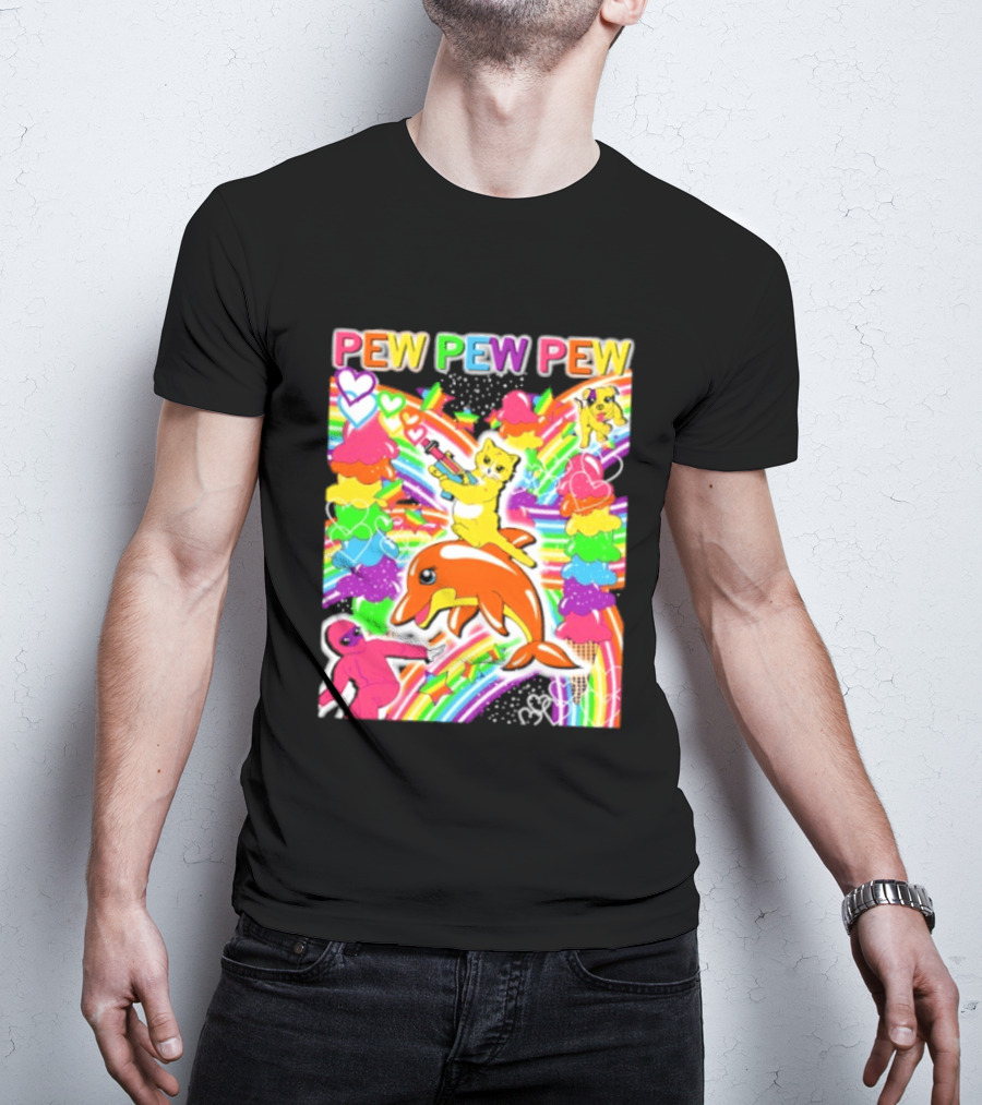 Pew Pew Pew Rainbow Pride Fun With Colorful Dolphins And Hearts T-Shirt