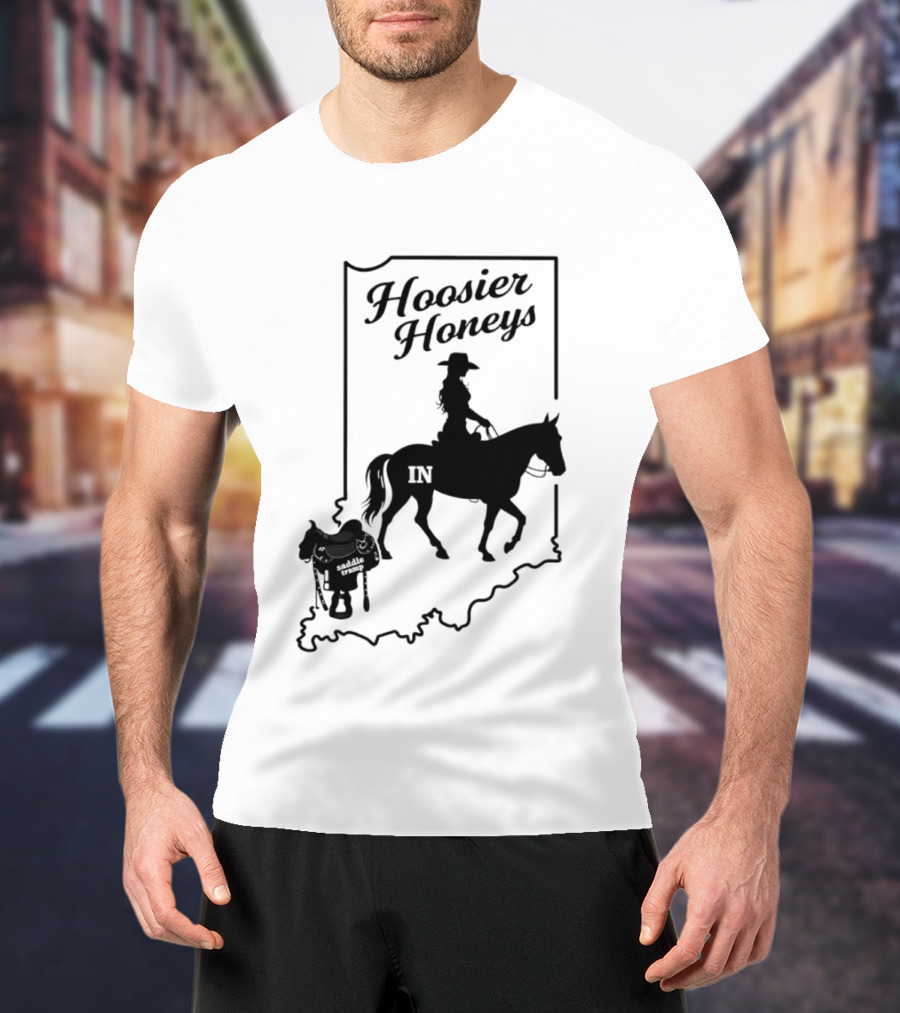 Hoosier Honeys Saddle Tramp Indiana State Map IN Horseback T-Shirt