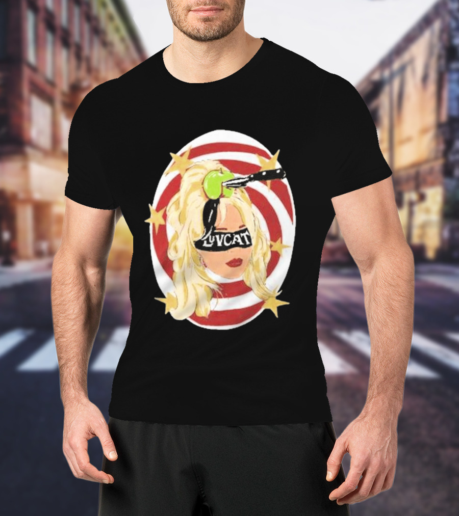 Luvcat Blonde Woman Bullseye Knife Apple Starburst T-Shirt