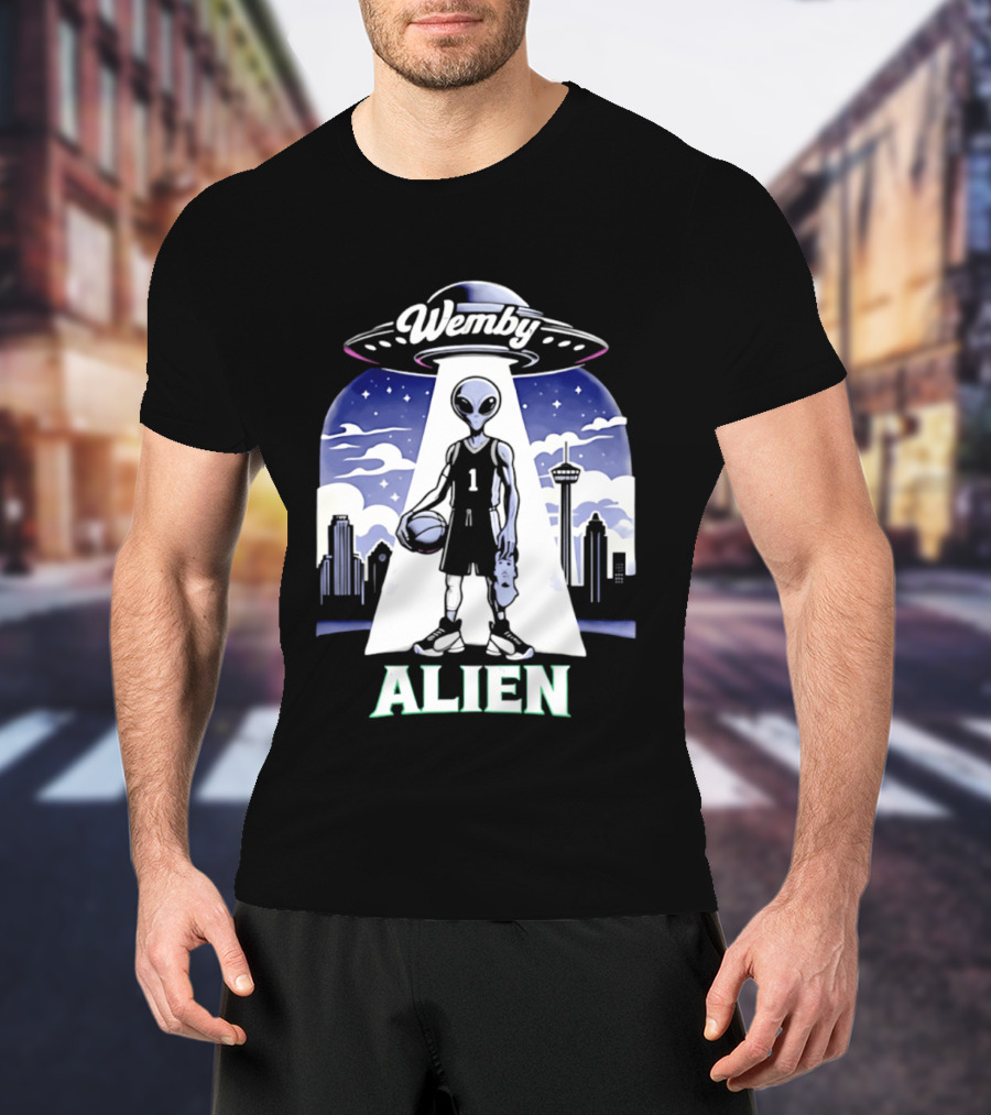 Wemby Alien Basketball UFO Skyline T-Shirt