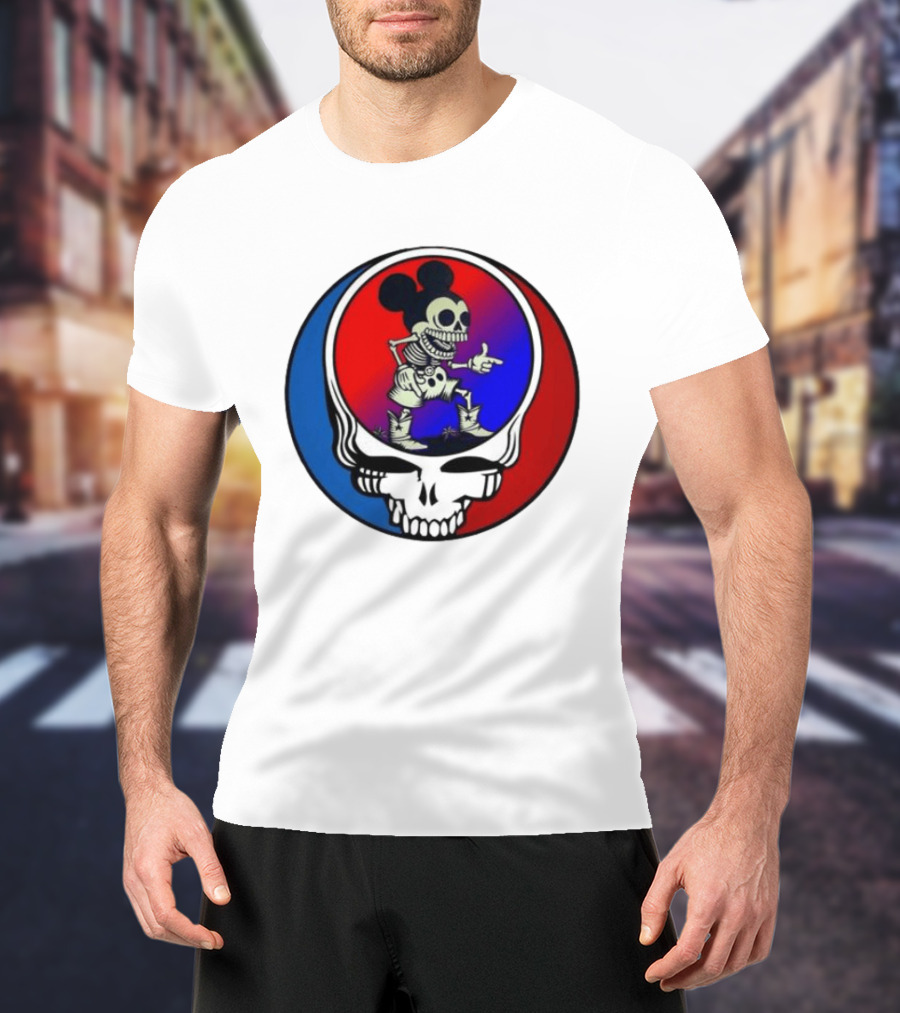 Mickey Mouse Skeleton With Grateful Dead Skull And Roses T-Shirt