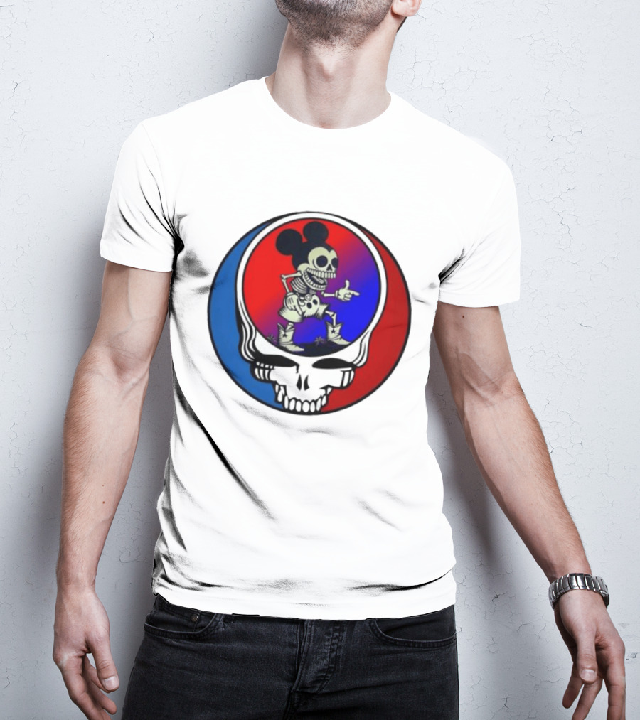 Mickey Mouse Skeleton With Grateful Dead Skull And Roses T-Shirt