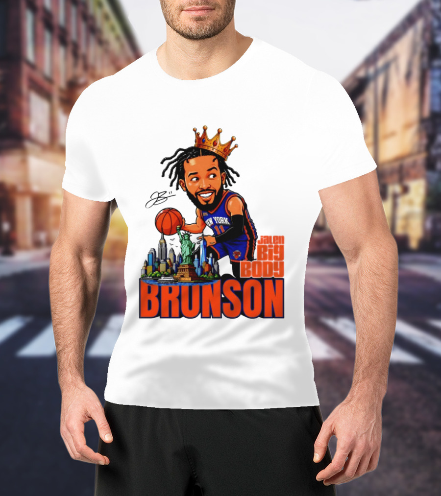 Jalen Brunson King Of NY Caricature With Statue Of Liberty And New York Skyline T-Shirt