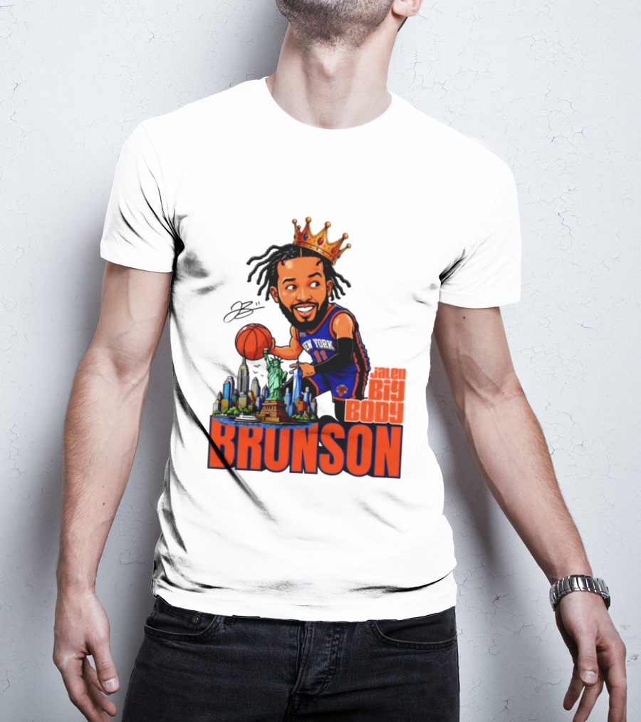 Jalen Brunson King Of NY Caricature With Statue Of Liberty And New York Skyline T-Shirt