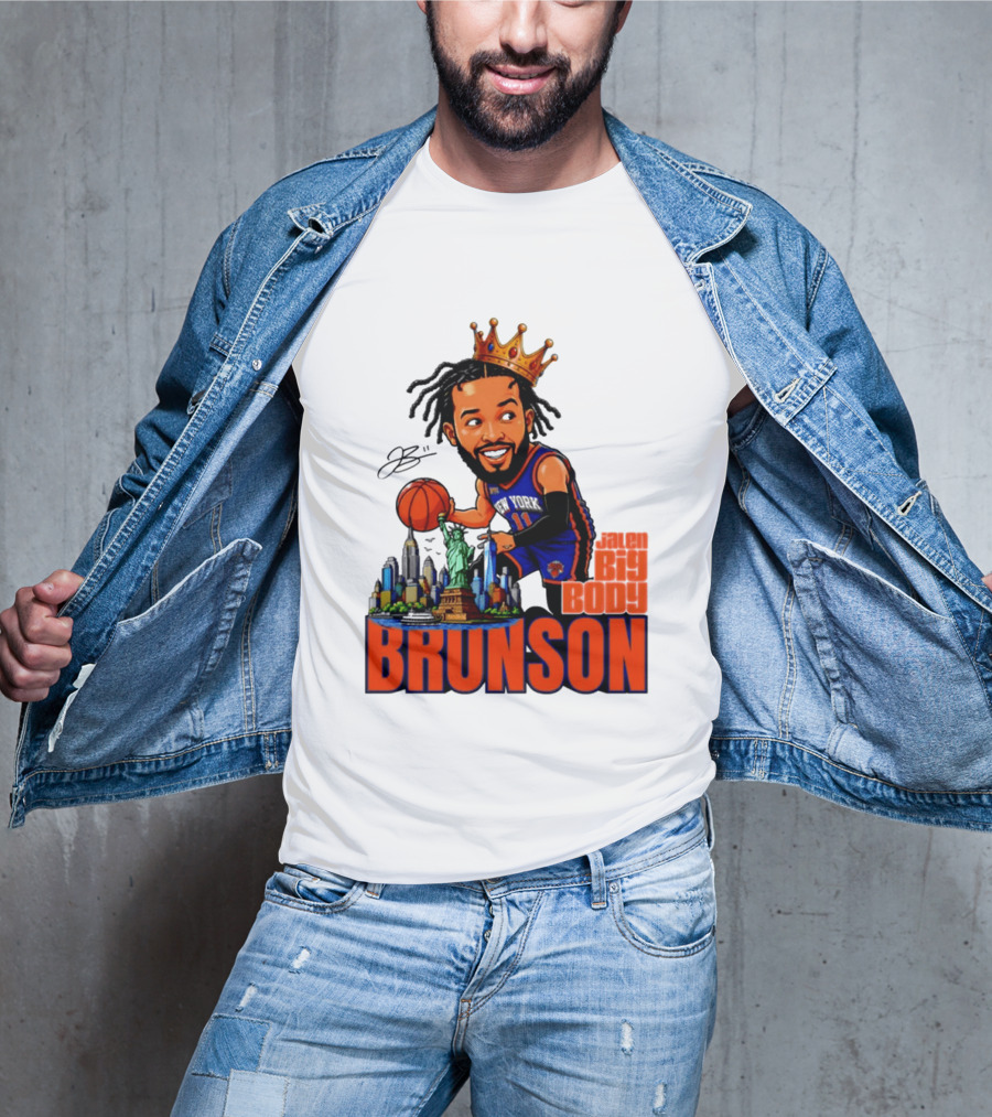 Jalen Brunson King Of NY Caricature With Statue Of Liberty And New York Skyline T-Shirt