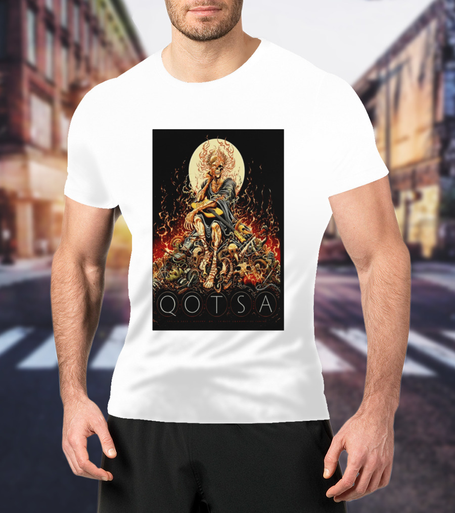 QOTSA April 8 2024 Calgary Communities Centre Flaming Skeleton Throne T-Shirt