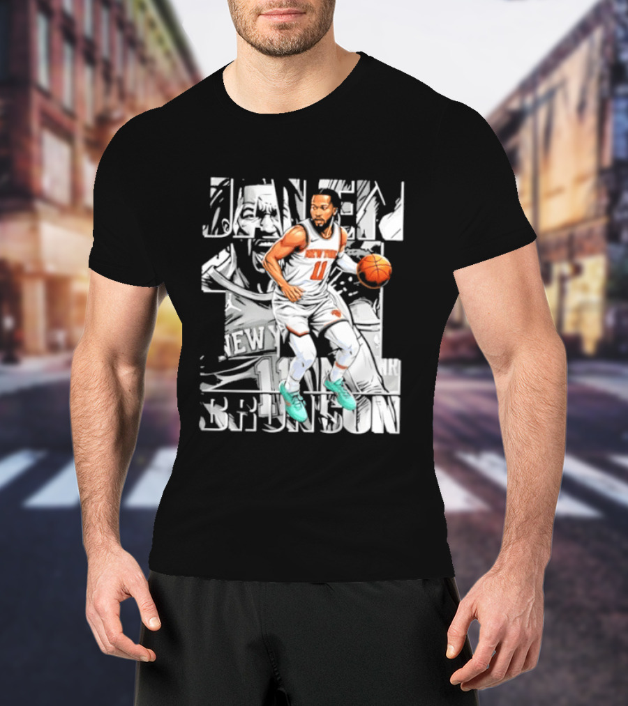 Jalen Brunson New York Number 11 Basketball Player Dribbling Action T-Shirt