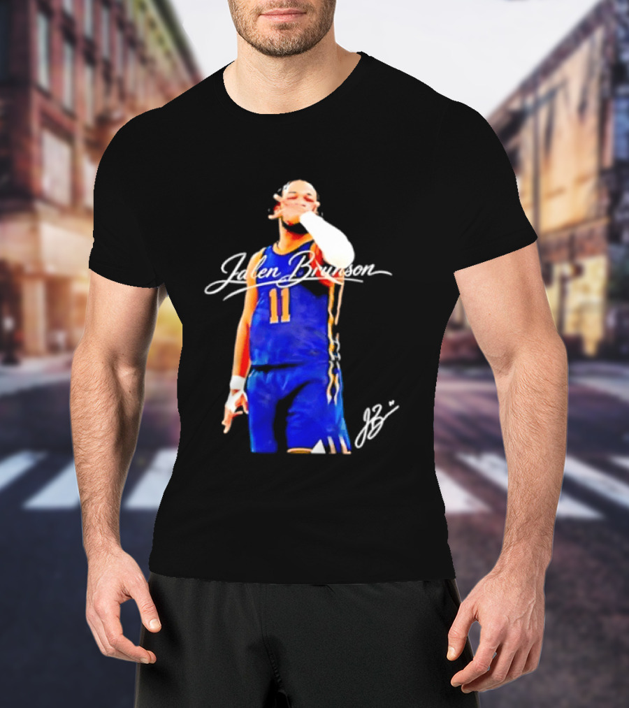 Jalen Brunson 11 Signature Gesture Basketball Blue Uniform T-Shirt
