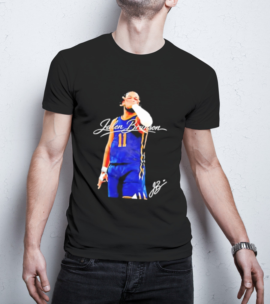 Jalen Brunson 11 Signature Gesture Basketball Blue Uniform T-Shirt
