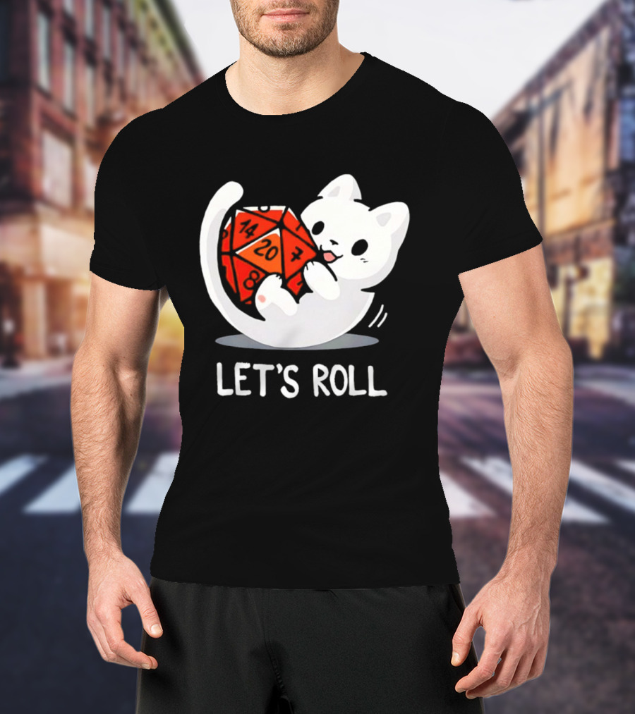 Let's Roll Cat Holding 20 Sided Die Dungeons And Dragons T-Shirt