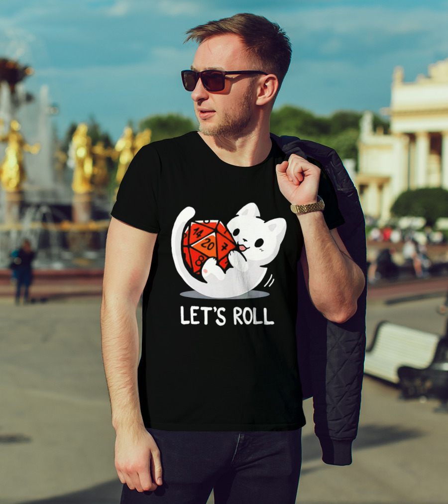 Let's Roll Cat Holding 20 Sided Die Dungeons And Dragons T-Shirt