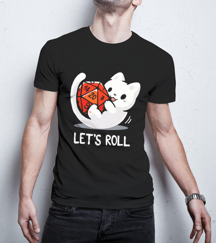 Let's Roll Cat Holding 20 Sided Die Dungeons And Dragons T-Shirt