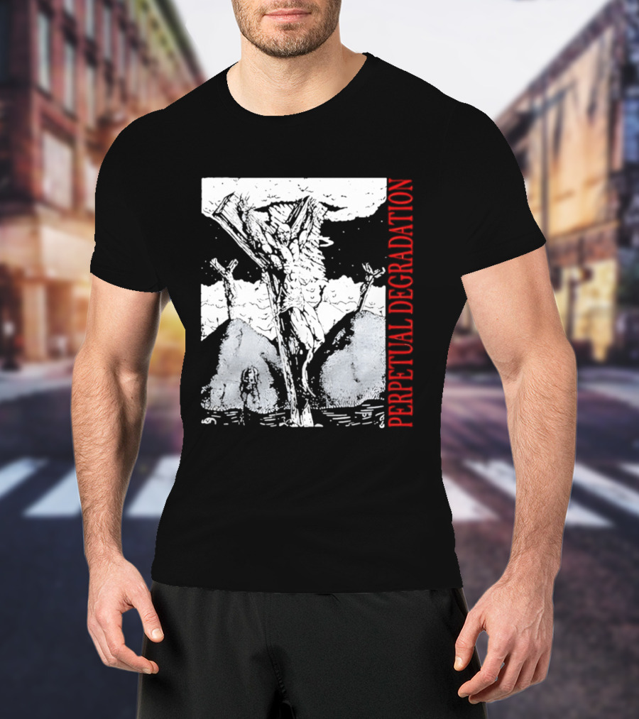 Perpetual Degradation Monster Crucifixion Skull Mountains Clouds T-Shirt