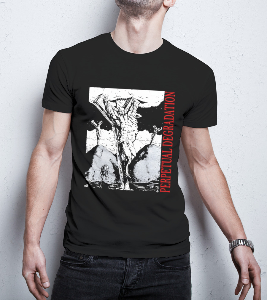 Perpetual Degradation Monster Crucifixion Skull Mountains Clouds T-Shirt