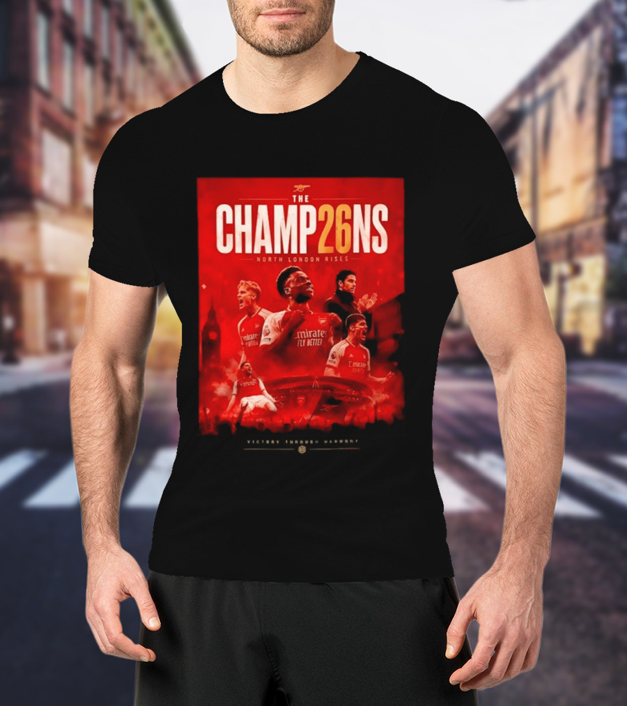 Arsenal FC The Champ26ns North London Rises Emirates Fly Better 2026 T-Shirt