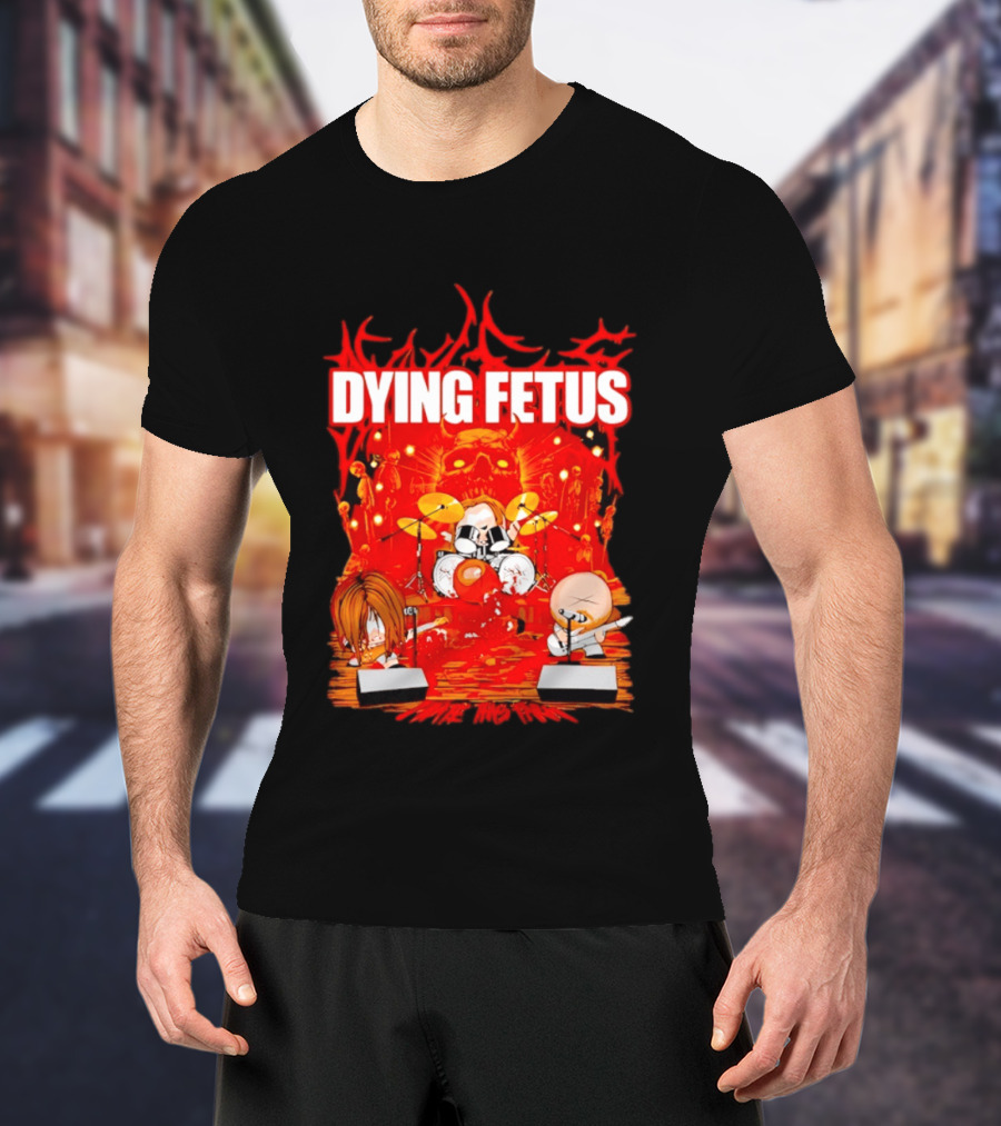 Dying Fetus Cartoon Band Rocking Out In Red Scene T-Shirt
