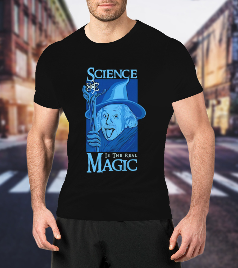 Science Is The Real Magic Einstein Wizard Motif T-Shirt