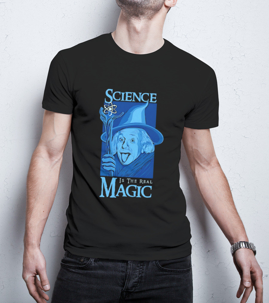 Science Is The Real Magic Einstein Wizard Motif T-Shirt