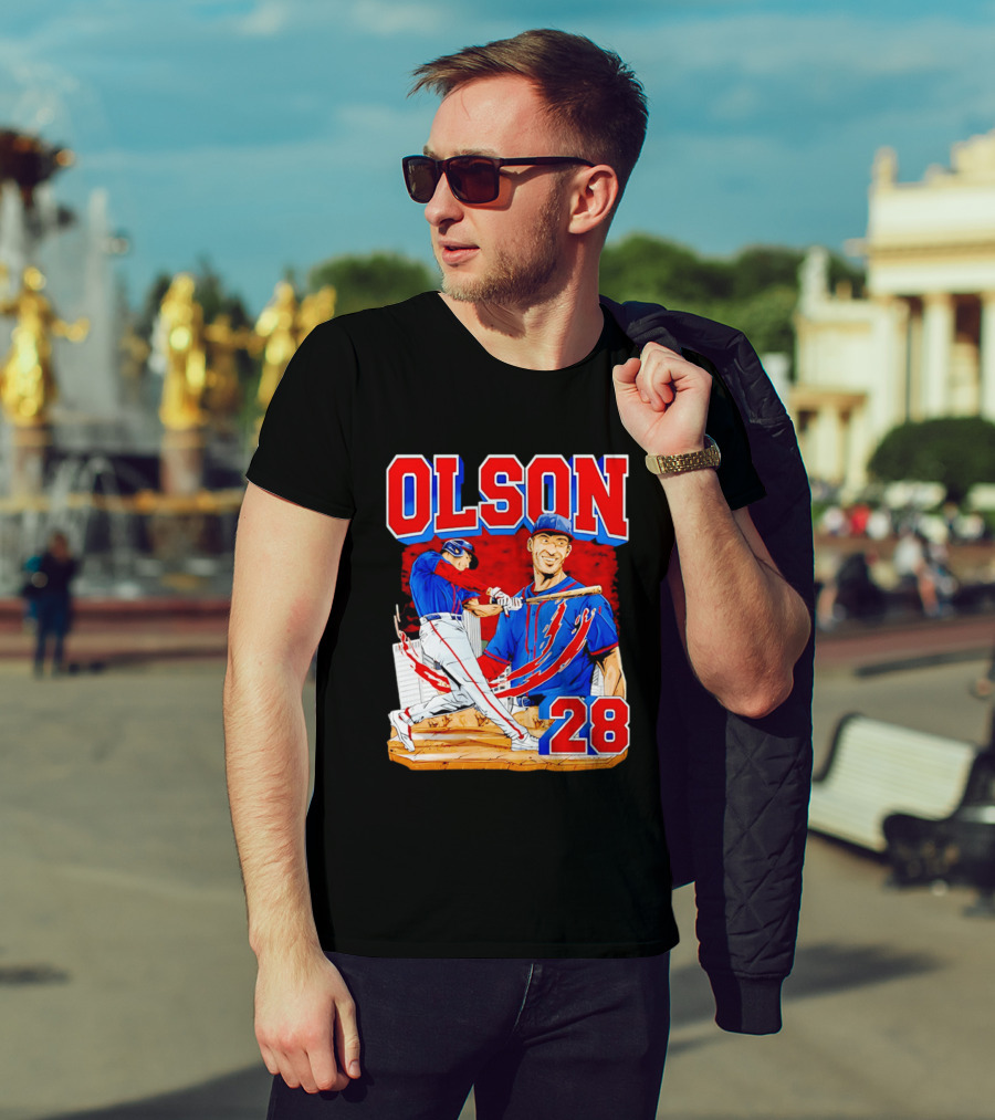 Olson 28 Baseball Player Blue And Red Hand Drawn T-Shirt