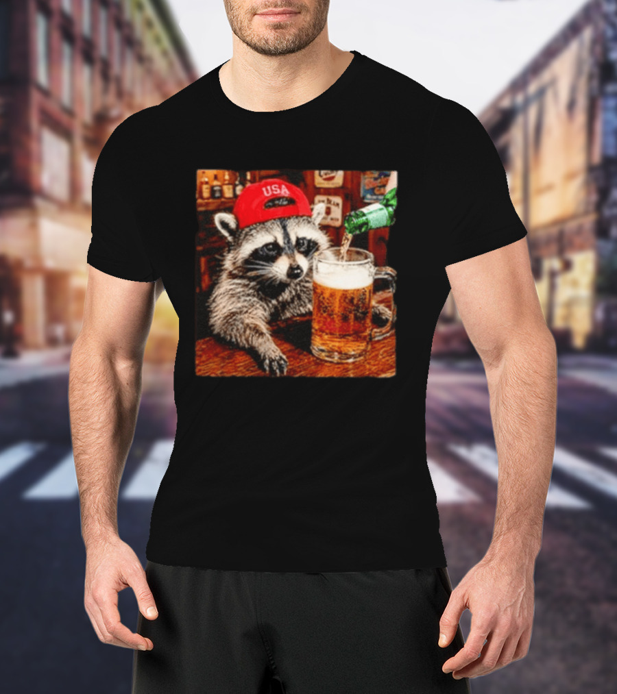 Patriotic Raccoon USA Hat Drinking Beer In Bar Scene T-Shirt